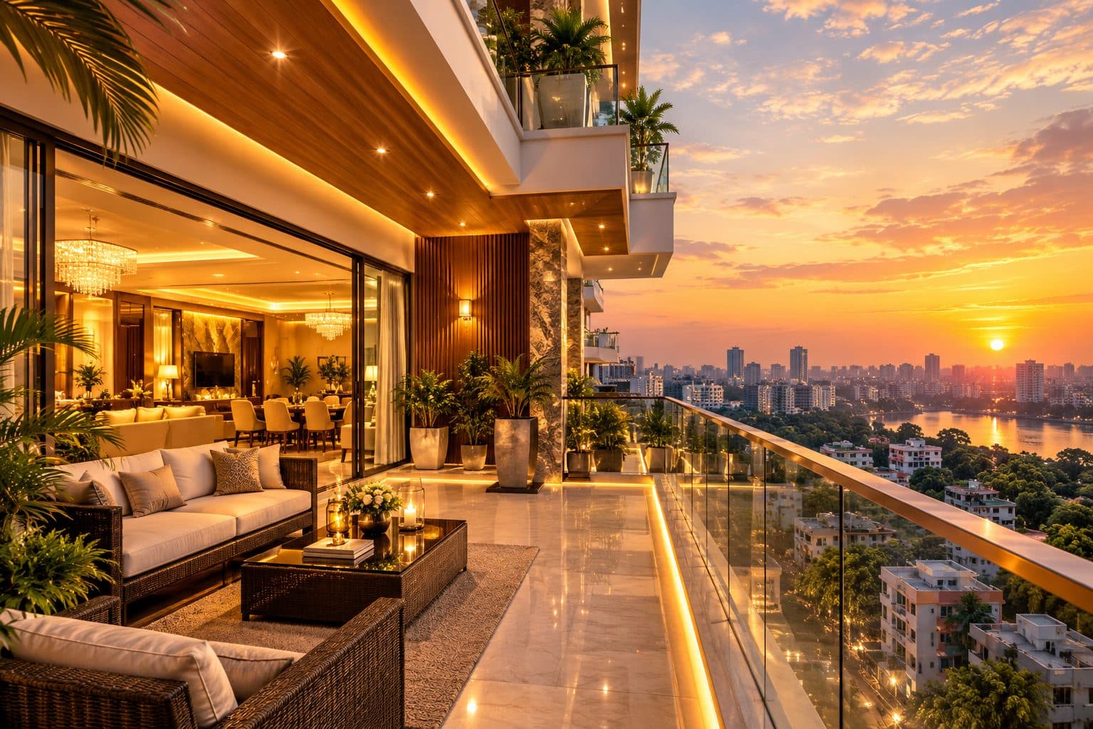 Luxury balcony overlooking Dhaka at sunset